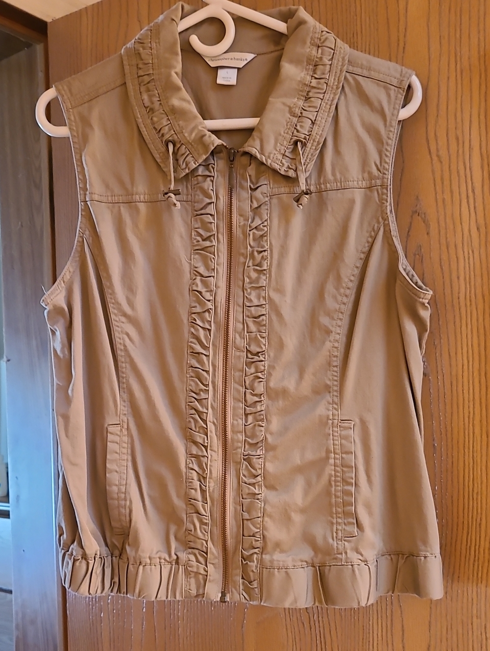 Christopher & Banks Tan Ruffle-Trim Sleeveless Zip Vest